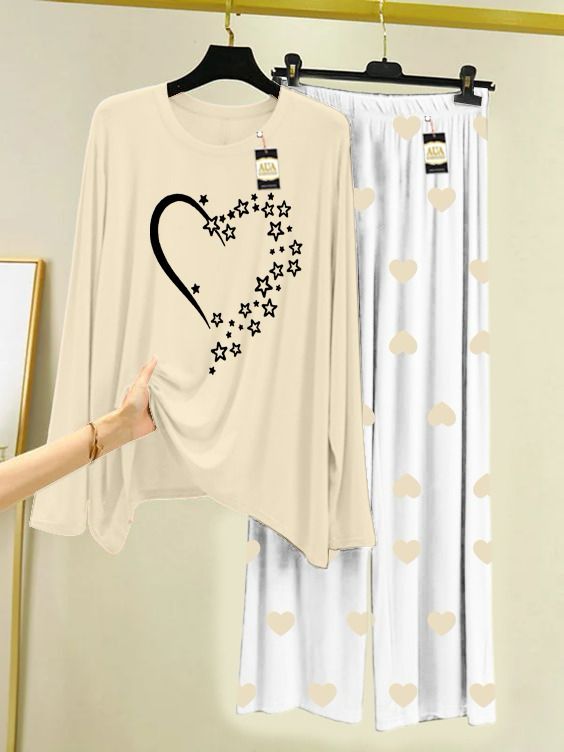 OFF WHITE HEART STAR  PRINTED AND MINI HEART PRINTED TROUSER