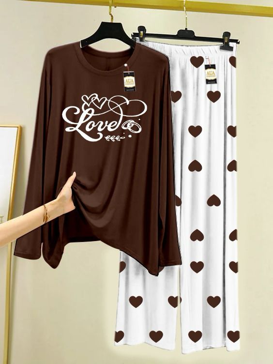 DARK BROWN LOVE PRINTED AND MINI HEART PRINTED TROUSER