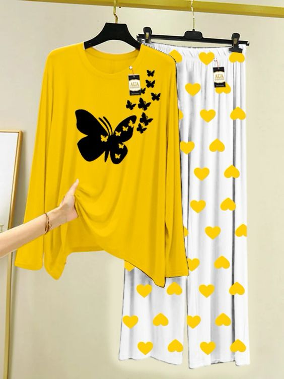 MUSTARD FLYING BUTTERFLY PRINTED MINI  HEART PRINTED TROUSER
