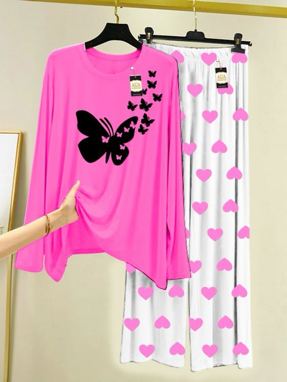 PINK FLYING BUTTER FLY PRINTED MINI HEART PRINTED TROUSER