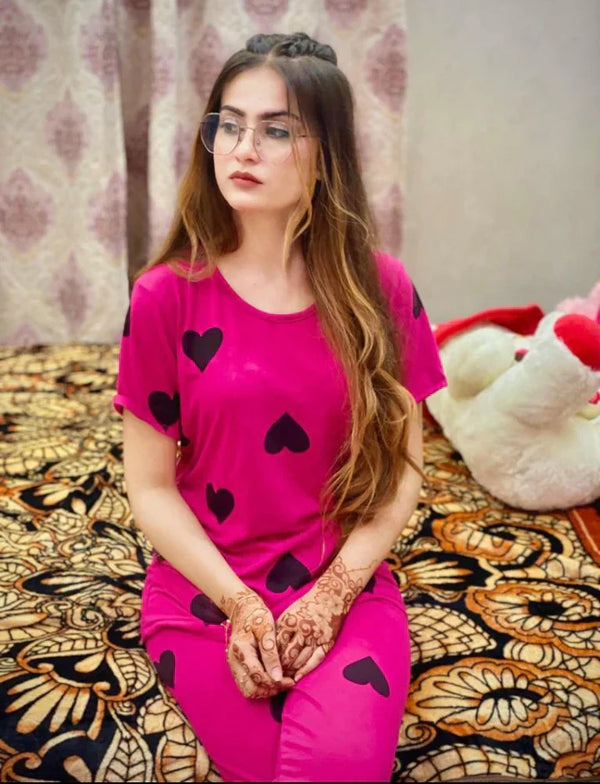 Shocking Pink With Black Big Heart print Half Sleeves Night Suit for her (AA-154)