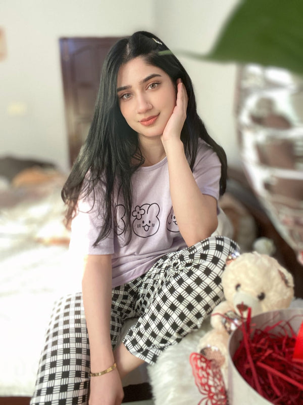 Light Purple Bear Print Half Sleeves T-shirt With Check Trouser Suit (AA-41)