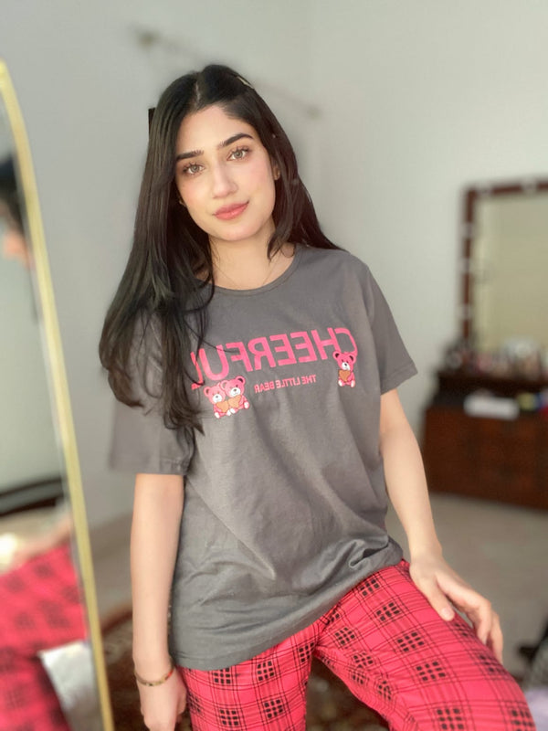 Grey Half Sleeves Cheerful T-shirt With Check Trouser Suit (AA-42)