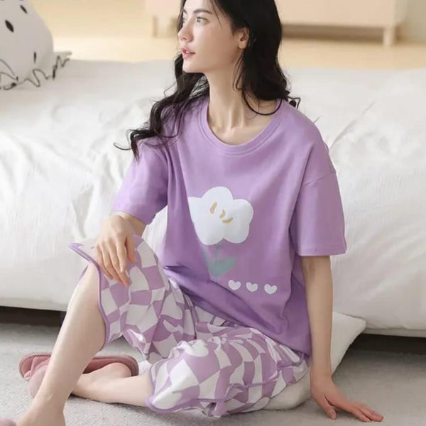 Purple Flower Print Half Sleeves T-shirt With Printed Trouser Suit (AA-195)