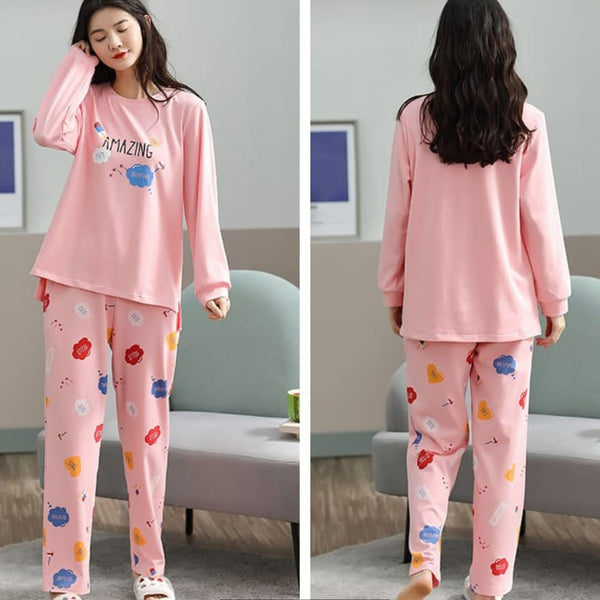 Pink Amazing Print Full Sleeves T-shirt With Printed Pajama Suit (AA-221)