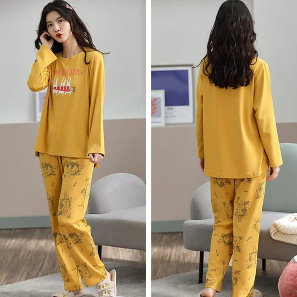 Yellow Bestfriend Print Full Sleeves T-shirt With Printed Pajama Suit (AA-222)