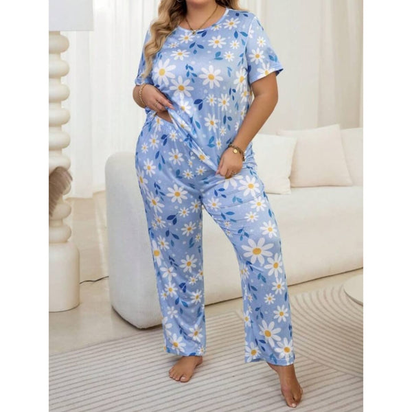 Blue Flowers Print Half Sleeves T-shirt With Flowers Print Pajama Suit (AA-219)