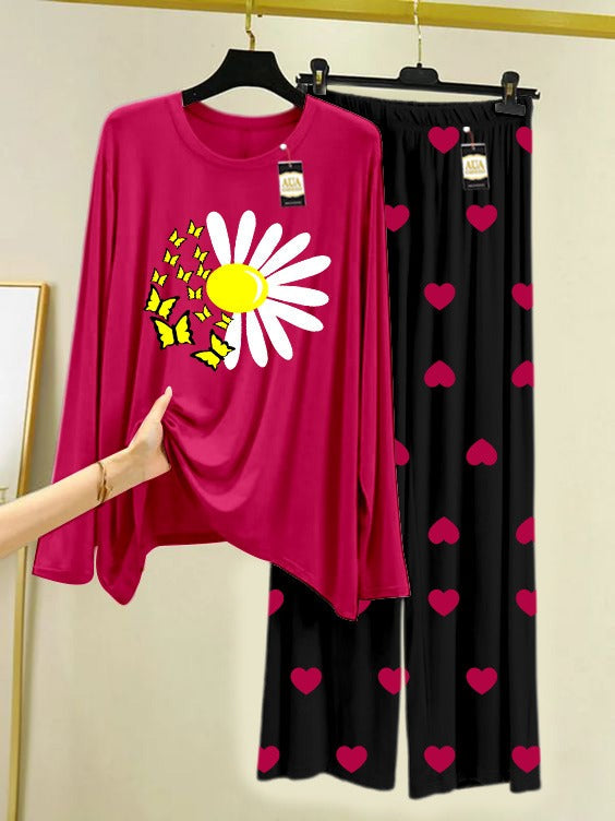 Dark Pink Sunflowe Printed Nightwear Set with Mini Heart Printed Trousers – Women's Lounge Wear (006)
