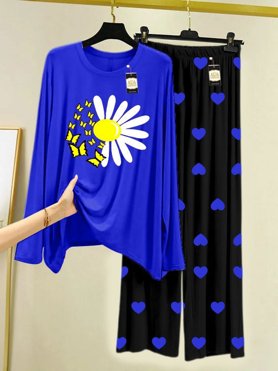 Navy Blue Sunflower Printed Nightwear Set with Mini Heart Printed Trousers – Women's Lounge Wear (006)