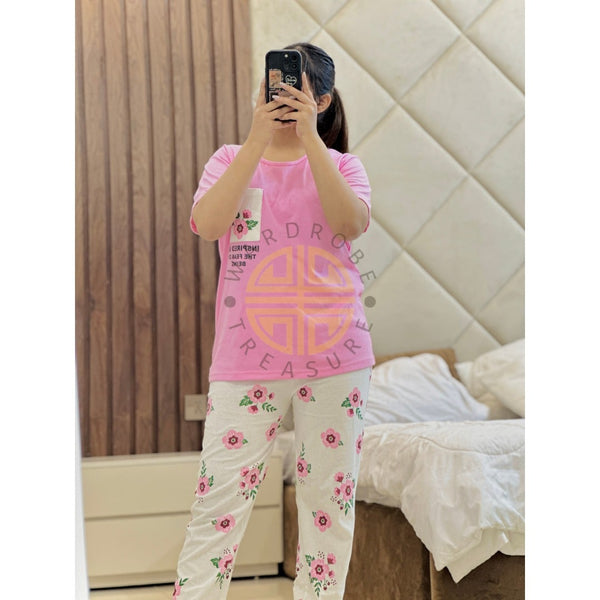 Baby Pink Floral Pocket with White Floral Printed PJ Set For Her