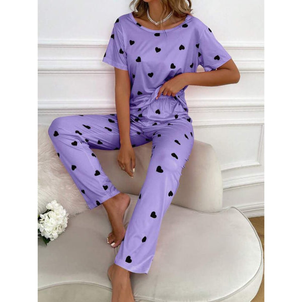 Purple With Black Hearts Print Half Sleeves T-shirt With Hearts Printed Trouser Suit (AA-186)