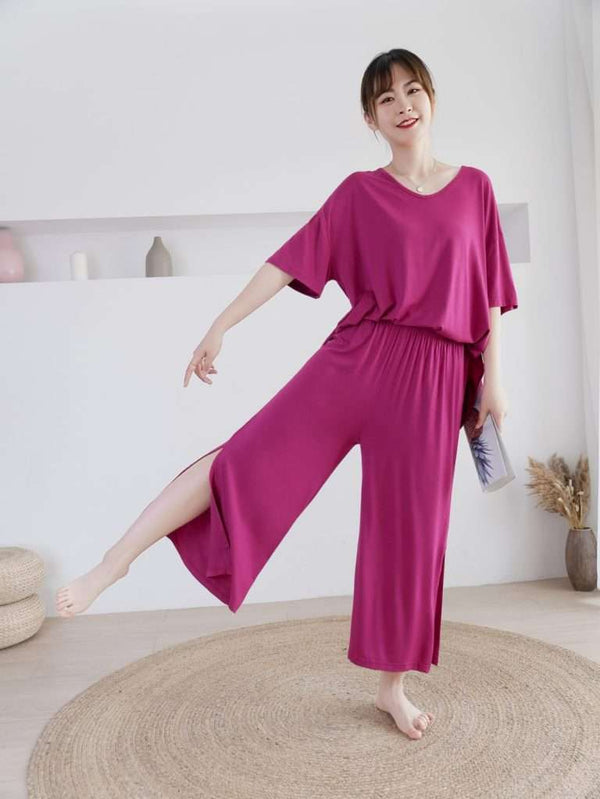Plain Shocking Pink V Neck Quarter Sleeves with Cut Style Pajama Night Suit for Her (AA-83)