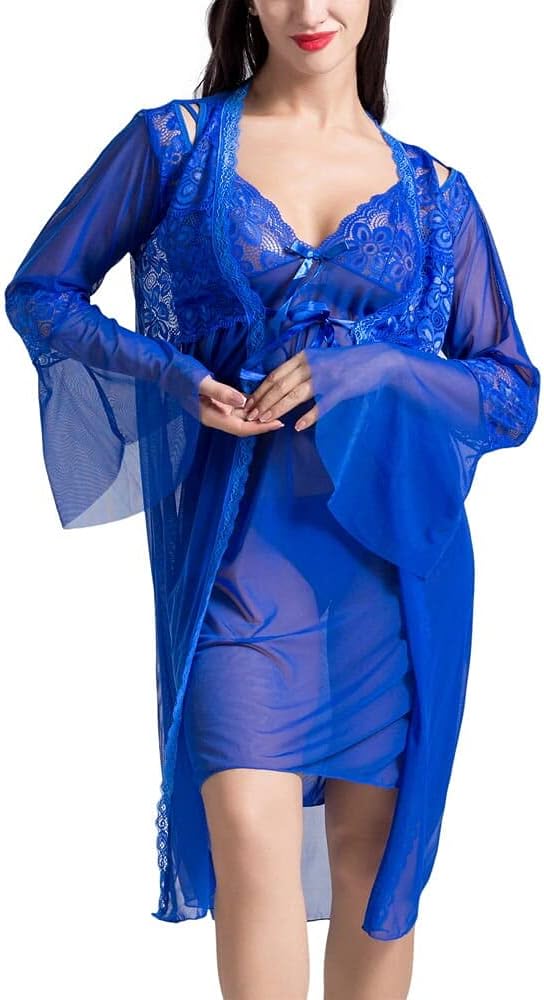 Jb Sheer Front-Lace Slip Lingerie Dress With Flounce Sleeve Robe for Women