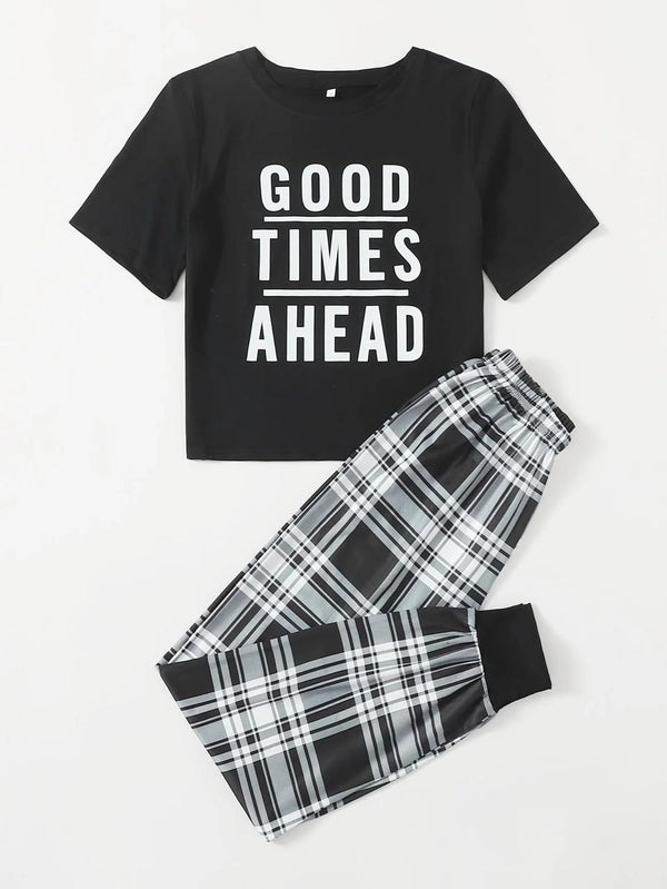 Black Good Things Ahead Printed Half Sleeves T-shirt With Check Printed Trouser Suit (AA-178)