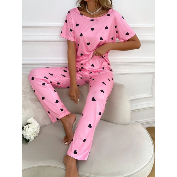 New Pink With Black Hearts Print Half Sleeves T-shirt With Hearts Printed Trouser Suit (AA-187)