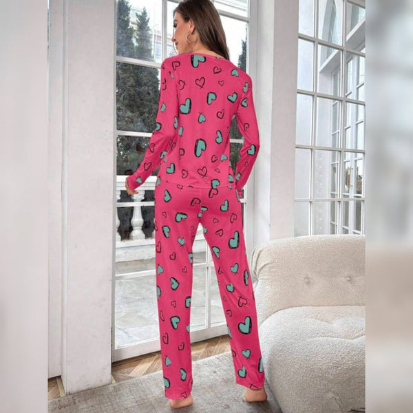 Shocking Pink With Green Herats Print Full Sleeves T-shirt With Hearts Printed Trouser Suit (AA-190)