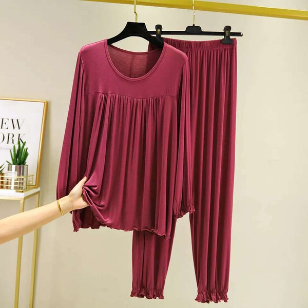 Maroon Round Neck Frill Style T Shirt with Palazzo Style Pajama Full Sleeves Suit for Her (AA-70)