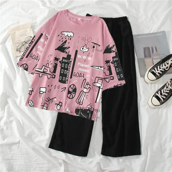 Pink Multi Printed Half Sleeves T-shirt With Plain Black Trouser Suit (AA-180)