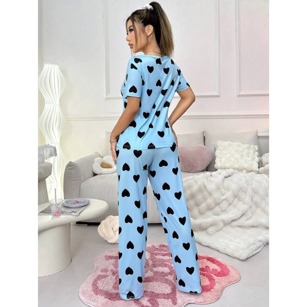 Blue With Black Hearts Print Half Sleeves T-shirt With Hearts Printed Trouser Suit (AA-188)